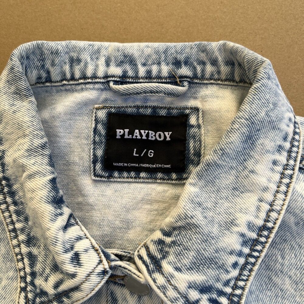 Playboy X Pacsun Cropped Jean Jacket Frayed Hem Acid Wash Women's Large - Picture 5 of 7
